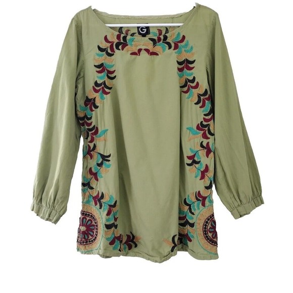 Bohemian Tunic Top Blouse Women's Size 14 Green Multicolor Floral Embroidered - Picture 1 of 11